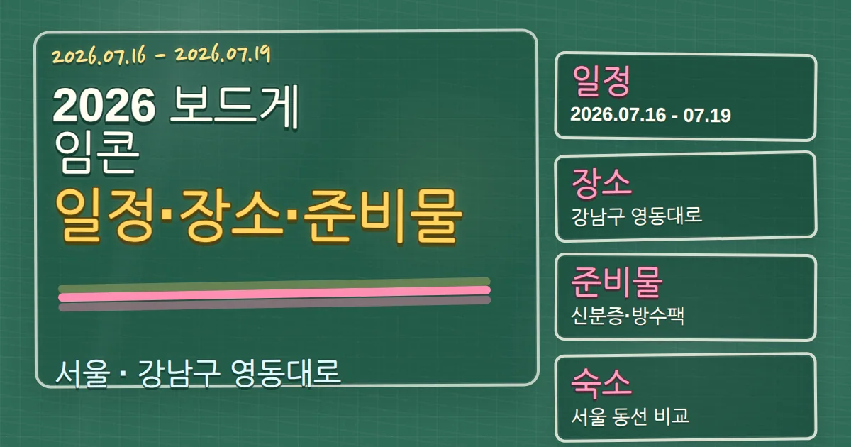 2026 보드게임콘 일정·장소·준비물, 강남구 숙소 동선까지 칠판 판서형 대표 이미지