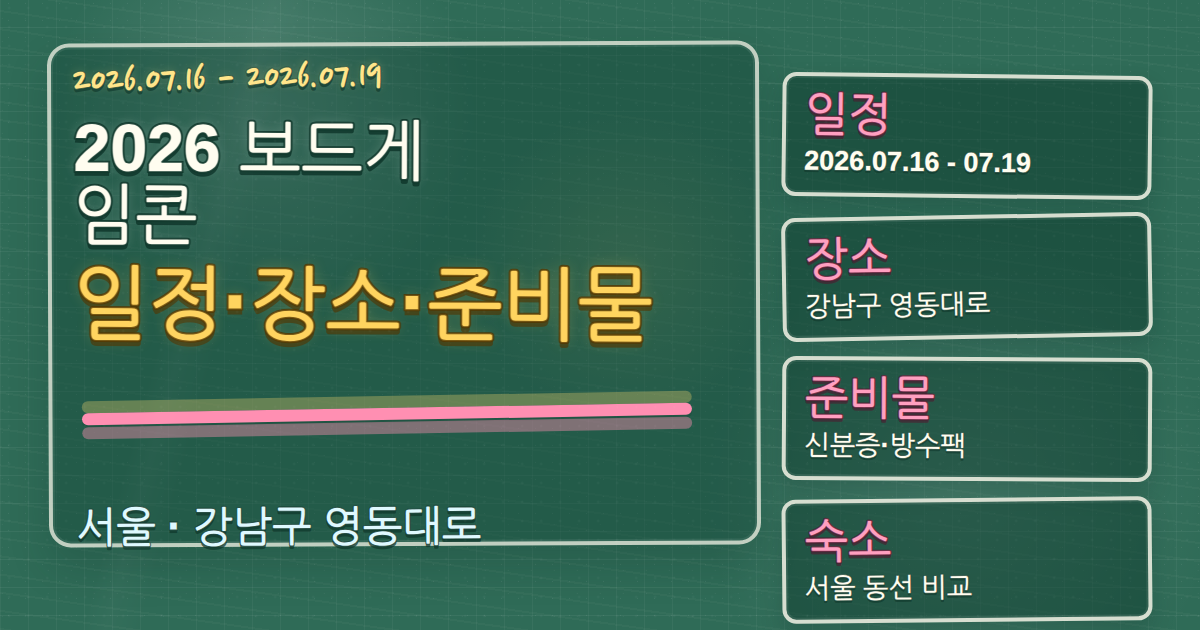 2026 보드게임콘 일정·장소·준비물, 강남구 숙소 동선까지 칠판 판서형 대표 이미지