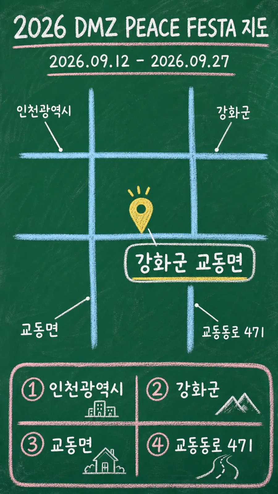 2026 DMZ PEACE FESTA 원본 지도 이미지를 바탕으로 imagegen이 재구성한 칠판 판서형 그림지도