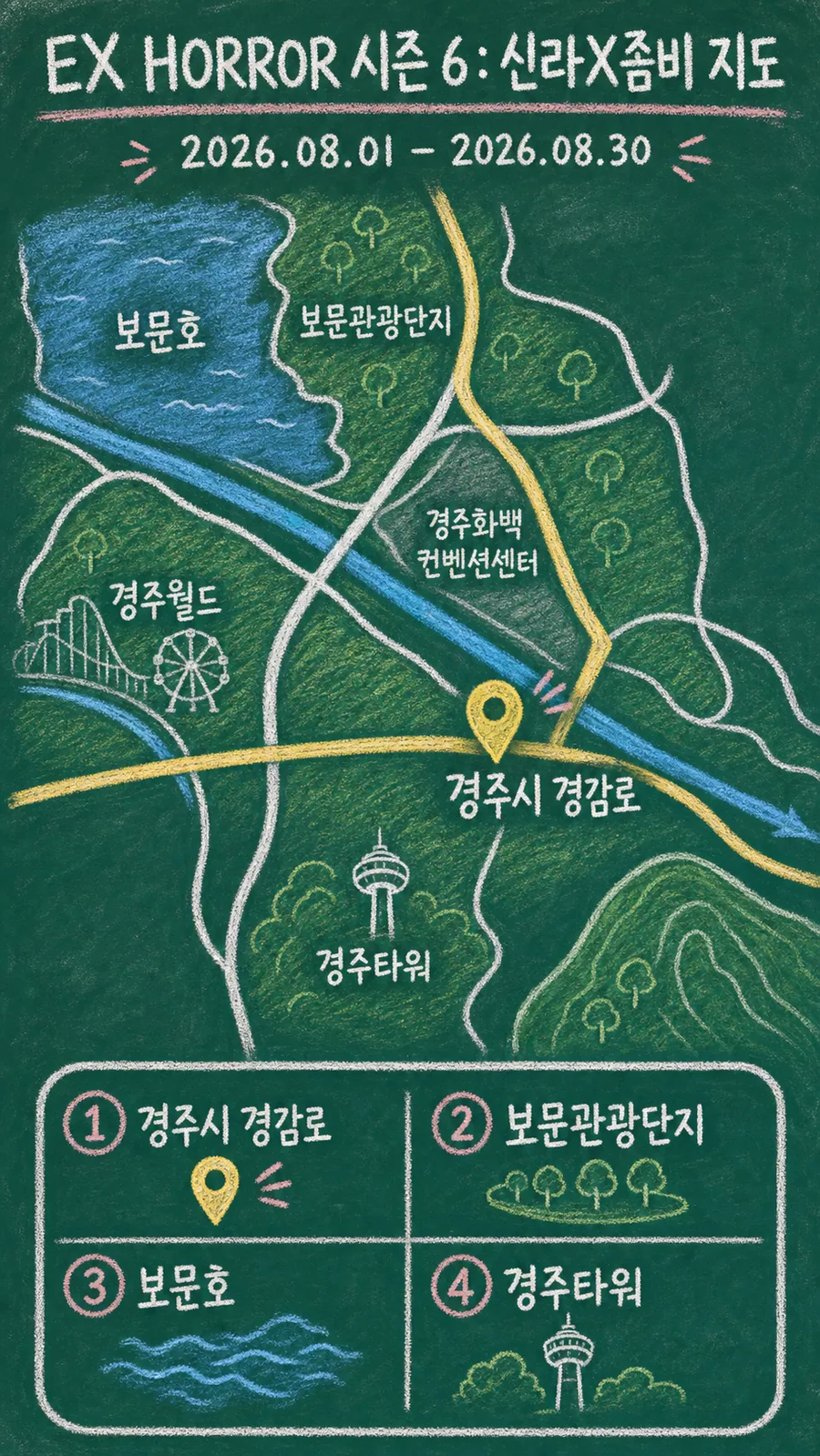 EX HORROR 시즌 6 : 신라X좀비 원본 지도 이미지를 바탕으로 imagegen이 재구성한 칠판 판서형 그림지도