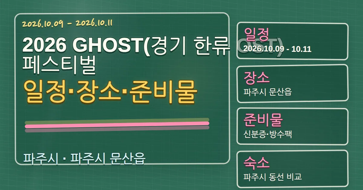 2026 GHOST(경기 한류 OST) 페스티벌 일정·장소·준비물과 파주시 숙소 동선 칠판 판서형 대표 이미지