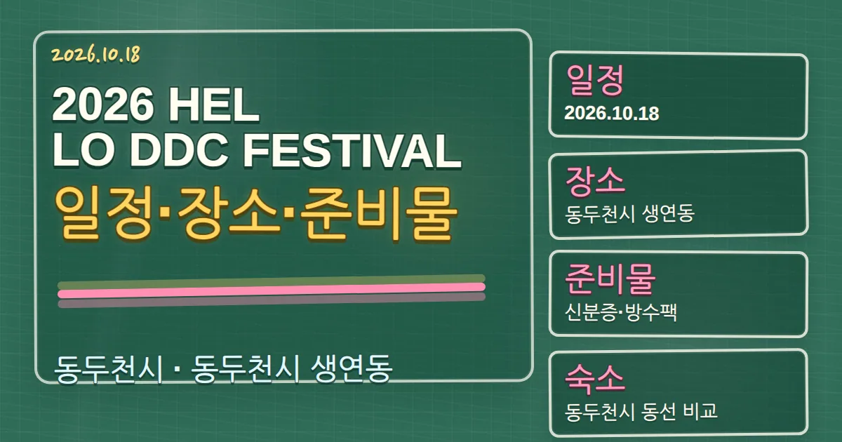 2026 HELLO DDC FESTIVAL 일정·장소·준비물과 숙소 동선 칠판 판서형 대표 이미지