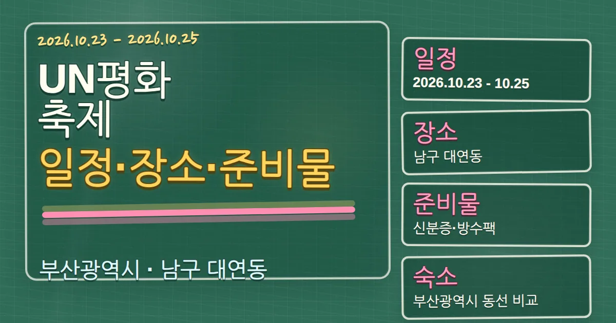 2026 UN평화축제 일정·장소·준비물과 숙소 동선 가이드 칠판 판서형 대표 이미지