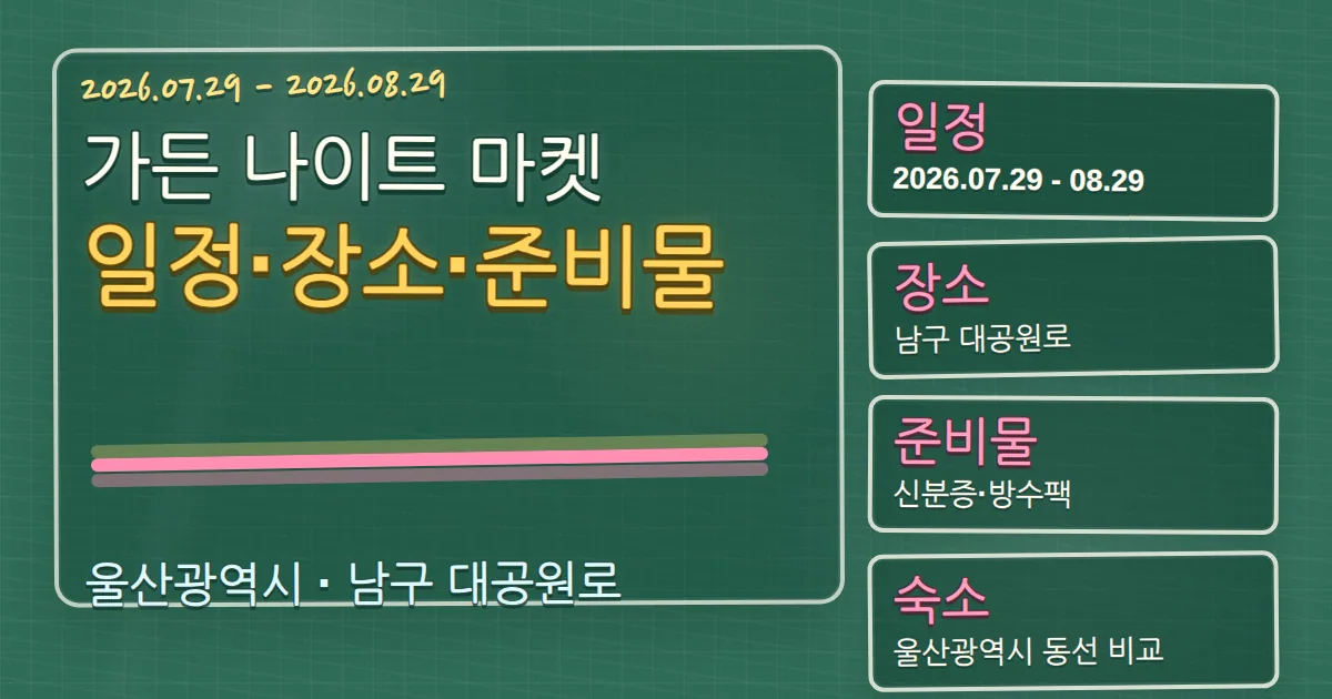 2026 가든 나이트 마켓 일정·장소·준비물과 남구 숙소 동선 칠판 판서형 대표 이미지