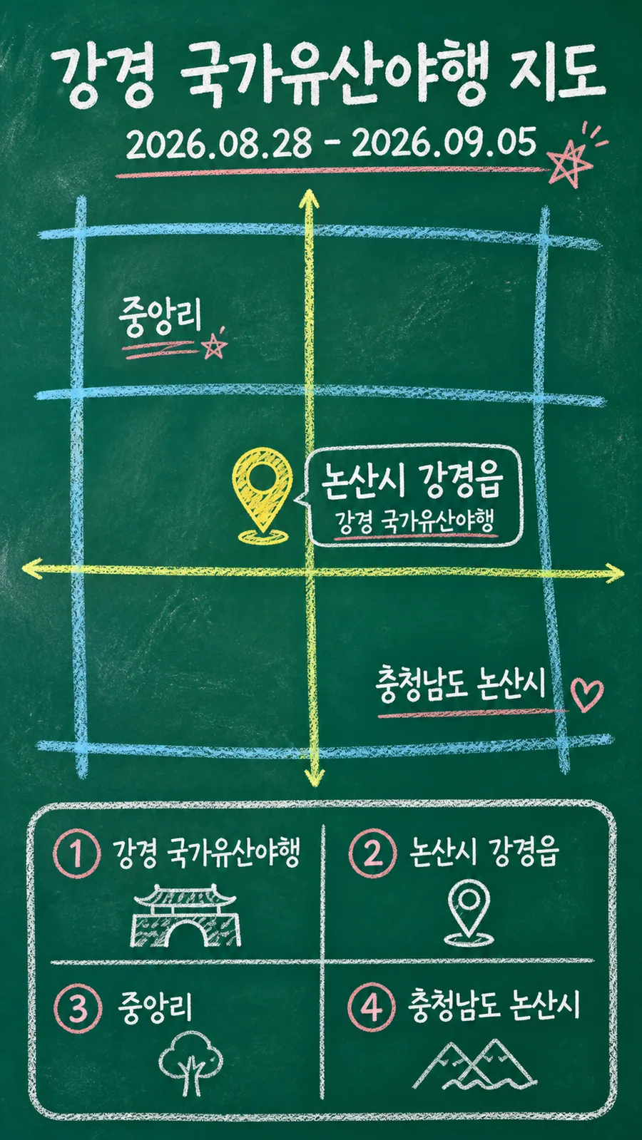 강경 국가유산야행 원본 지도 이미지를 바탕으로 imagegen이 재구성한 칠판 판서형 그림지도