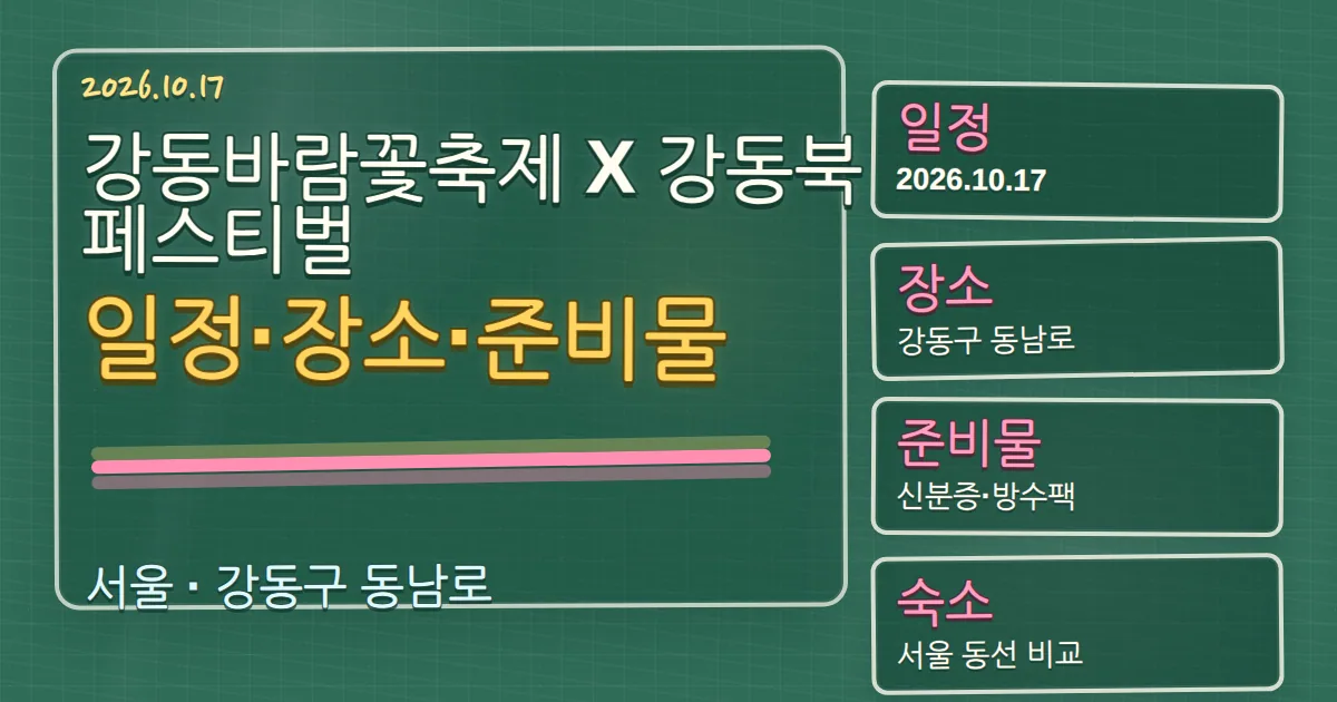 2026 강동바람꽃축제 X 강동북페스티벌 일정·장소·준비물과 숙소 동선 칠판 판서형 대표 이미지