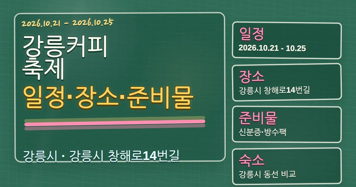 2026 강릉커피축제 일정·장소·준비물과 강릉시 숙소 동선 칠판 판서형 대표 이미지