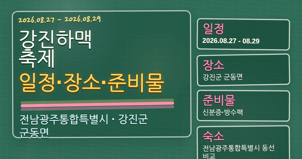 2026 강진하맥축제 일정·장소·준비물과 강진군 숙소 동선 가이드 칠판 판서형 대표 이미지