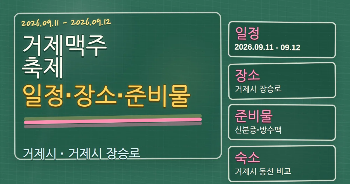 2026 거제맥주축제 일정·장소·준비물과 거제시 숙소 동선 가이드 칠판 판서형 대표 이미지