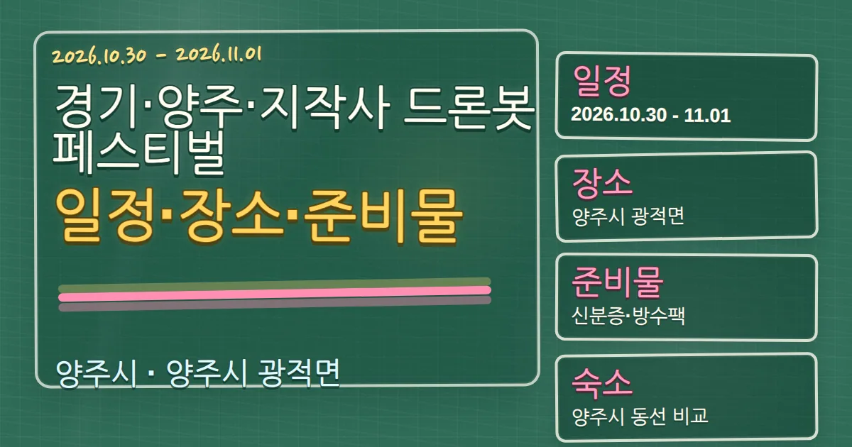 2026 경기‧양주‧지작사 드론봇 페스티벌 일정·장소·준비물과 숙소 동선 칠판 판서형 대표 이미지