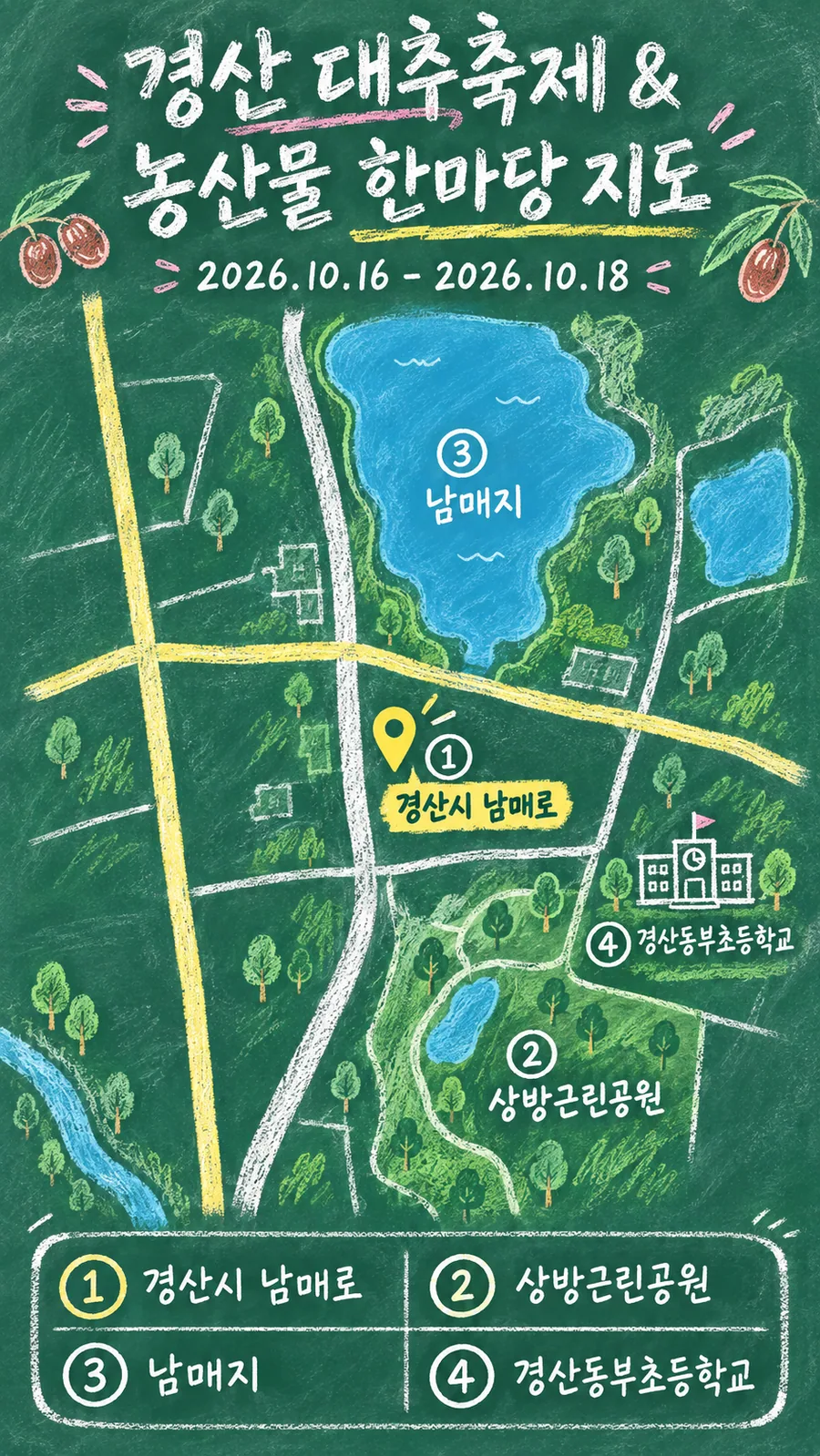 경산 대추축제 & 농산물 한마당 원본 지도 이미지를 바탕으로 imagegen이 재구성한 칠판 판서형 그림지도