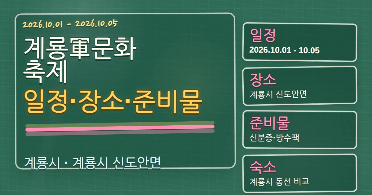 2026 계룡軍문화축제 일정·장소·준비물과 계룡시 숙소 동선 가이드 칠판 판서형 대표 이미지