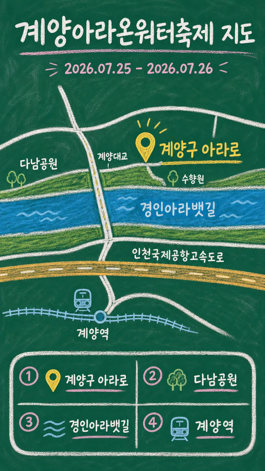 계양아라온워터축제 원본 지도 이미지를 바탕으로 imagegen이 재구성한 칠판 판서형 그림지도