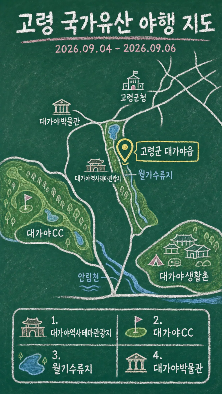 고령 국가유산 야행 원본 지도 이미지를 바탕으로 imagegen이 재구성한 칠판 판서형 그림지도