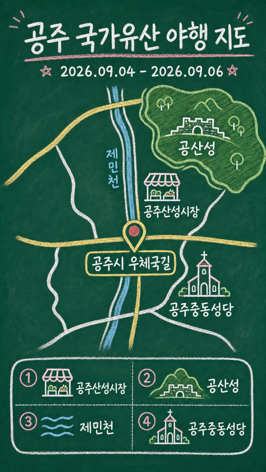 공주 국가유산 야행 원본 지도 이미지를 바탕으로 imagegen이 재구성한 칠판 판서형 그림지도