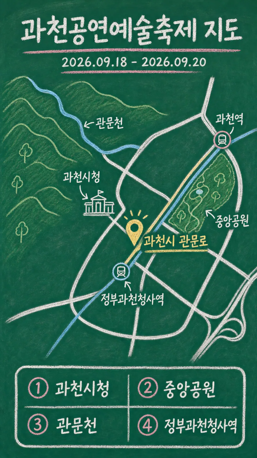 과천공연예술축제 원본 지도 이미지를 바탕으로 imagegen이 재구성한 칠판 판서형 그림지도