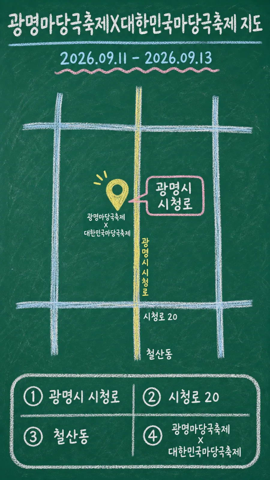 광명마당극축제X대한민국마당극축제 원본 지도 이미지를 바탕으로 imagegen이 재구성한 칠판 판서형 그림지도