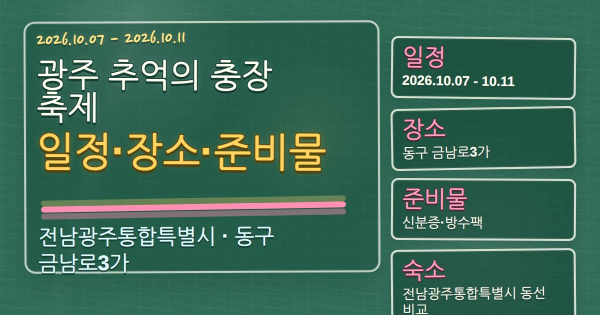 2026 광주 추억의 충장축제 일정·장소·준비물, 동구 숙소 동선까지 칠판 판서형 대표 이미지