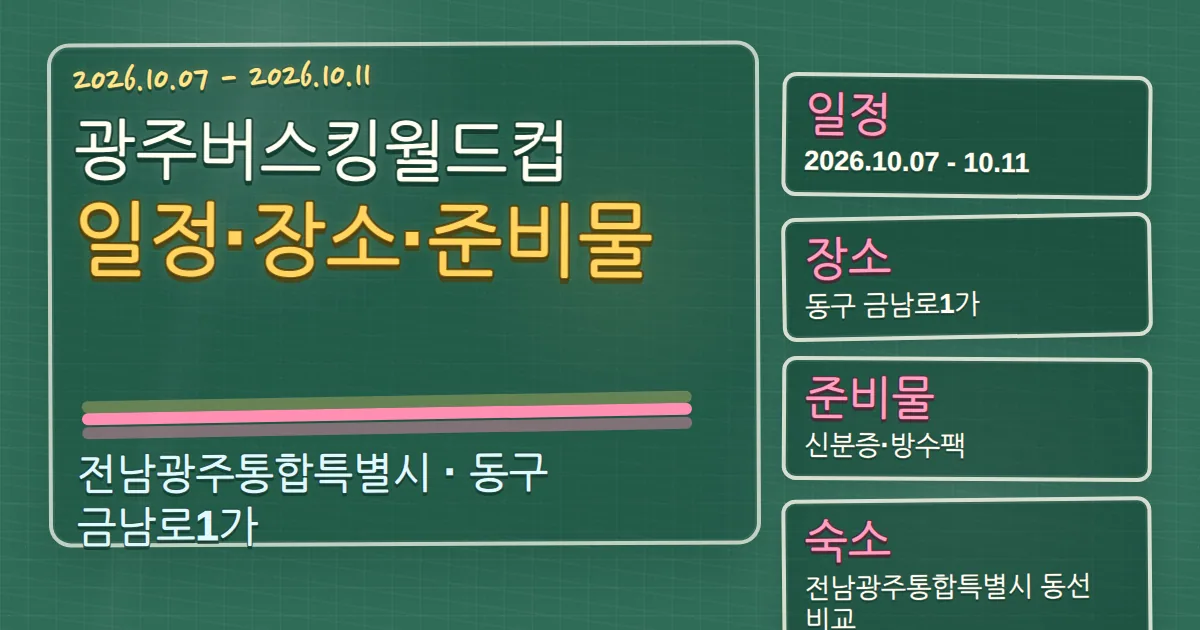 2026 광주버스킹월드컵 일정·장소·준비물과 동구 숙소 동선 칠판 판서형 대표 이미지