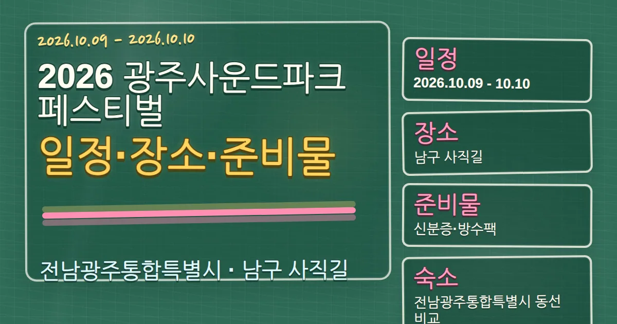 2026 광주사운드파크페스티벌 일정·장소·준비물과 숙소 동선 칠판 판서형 대표 이미지