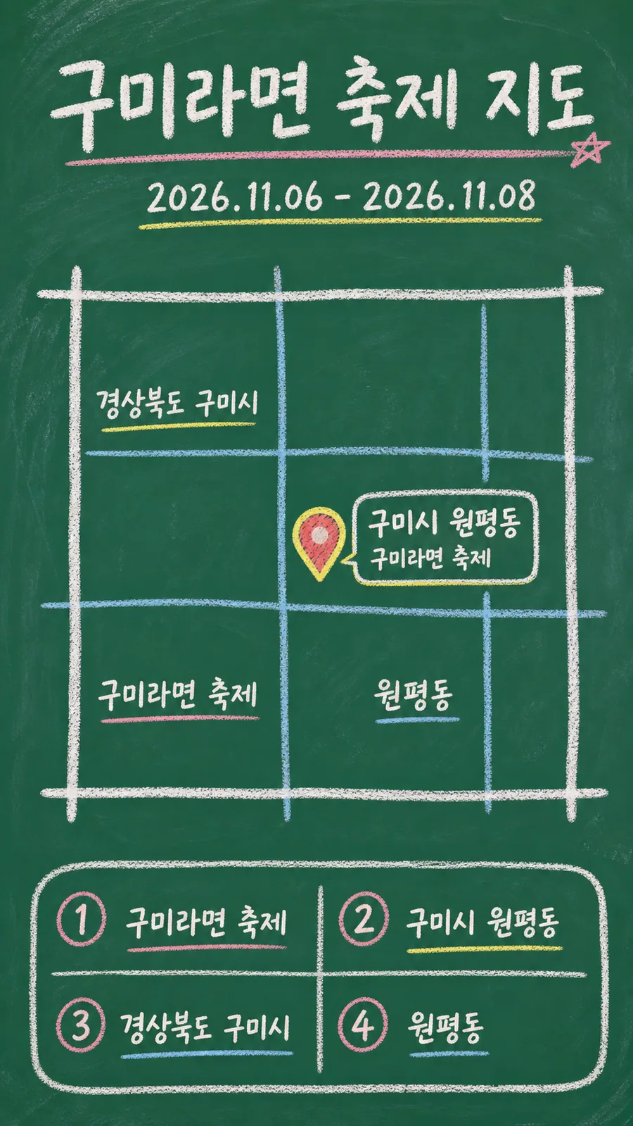구미라면 축제 원본 지도 이미지를 바탕으로 imagegen이 재구성한 칠판 판서형 그림지도
