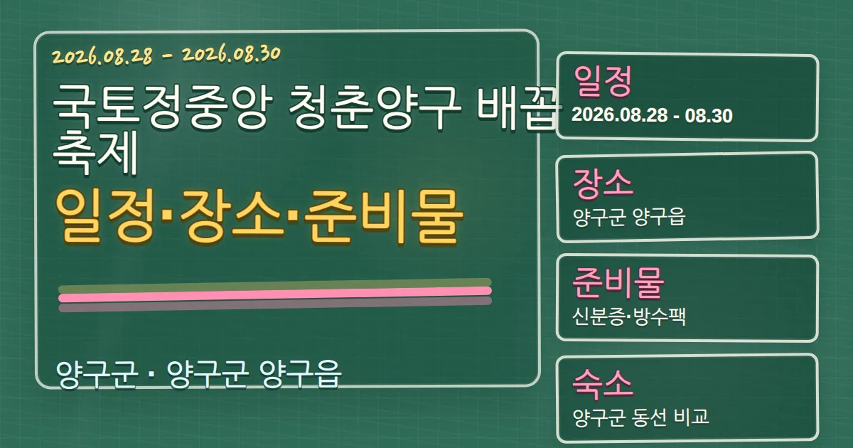 2026 국토정중앙 청춘양구 배꼽축제 일정·장소·준비물과 양구군 숙소 동선 칠판 판서형 대표 이미지