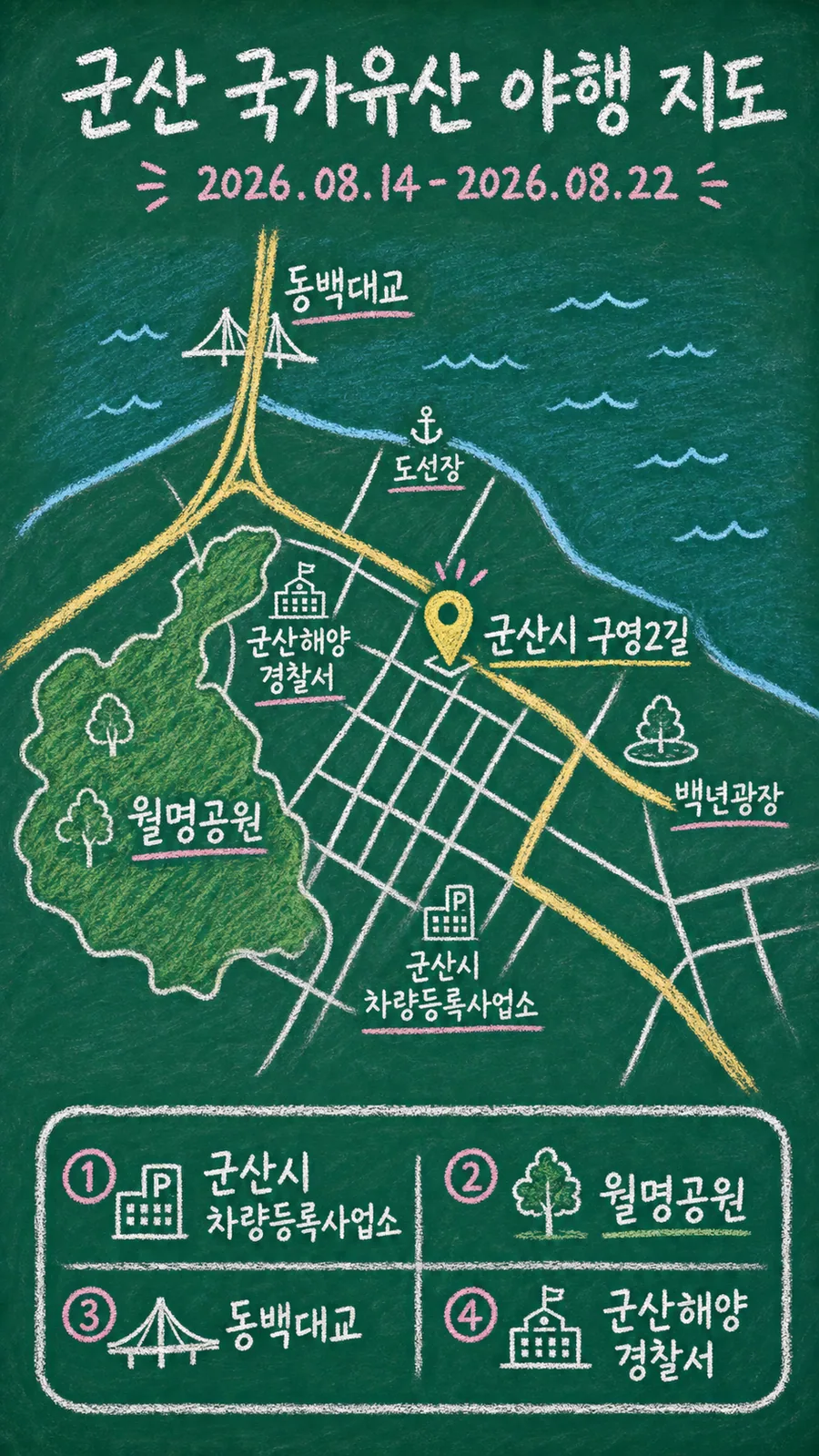 군산 국가유산 야행 원본 지도 이미지를 바탕으로 imagegen이 재구성한 칠판 판서형 그림지도
