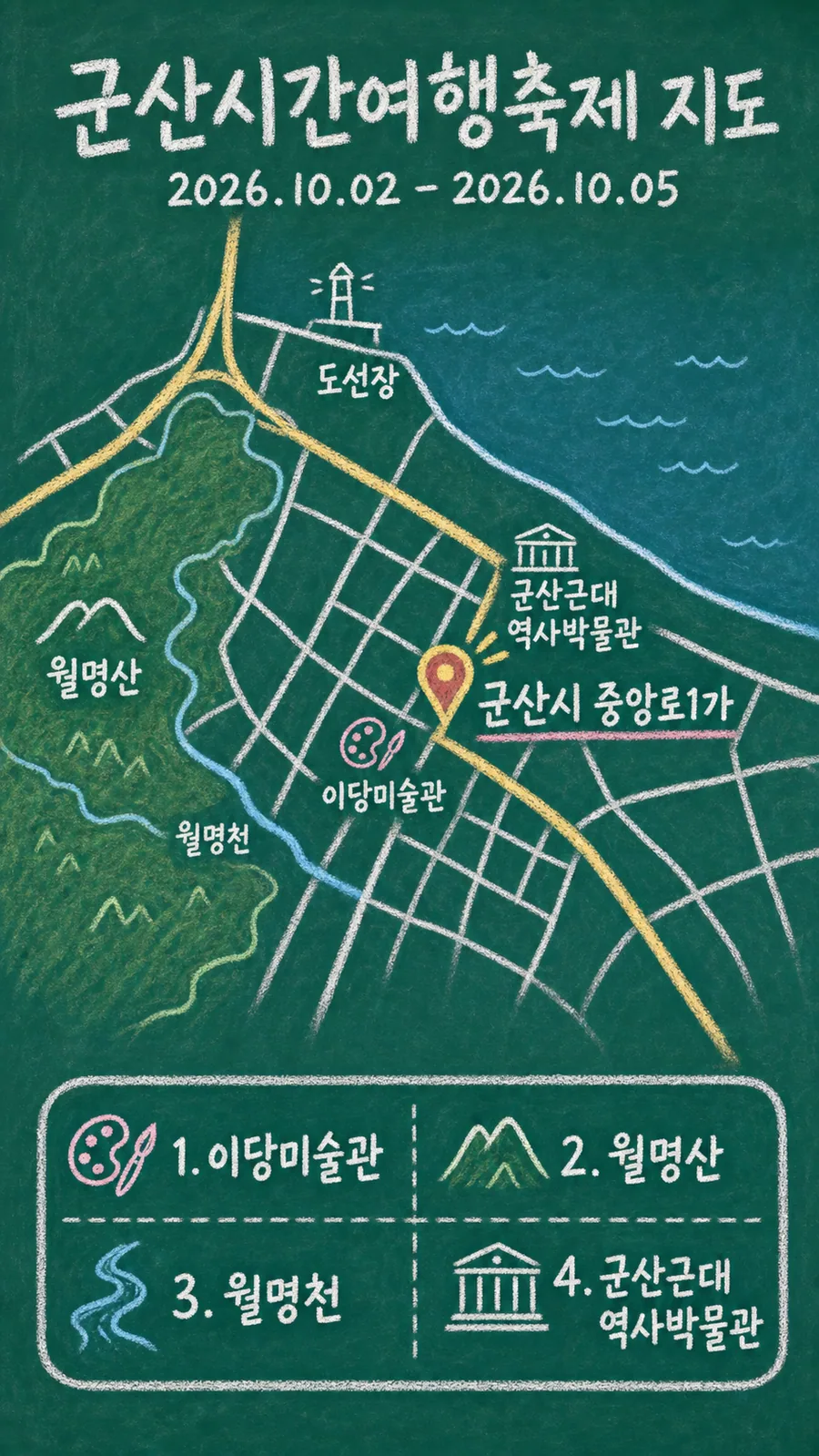군산시간여행축제 원본 지도 이미지를 바탕으로 imagegen이 재구성한 칠판 판서형 그림지도