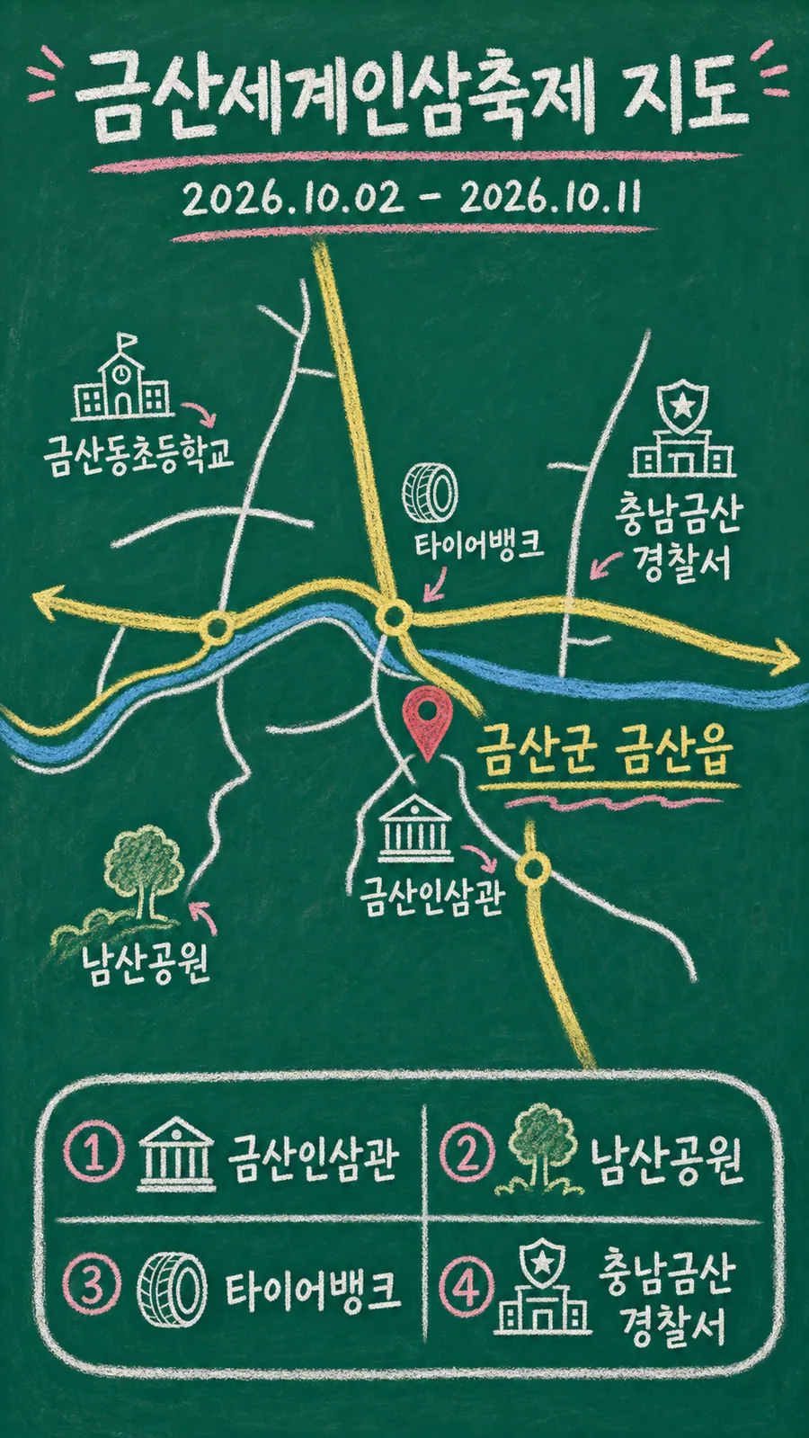 금산세계인삼축제 원본 지도 이미지를 바탕으로 imagegen이 재구성한 칠판 판서형 그림지도