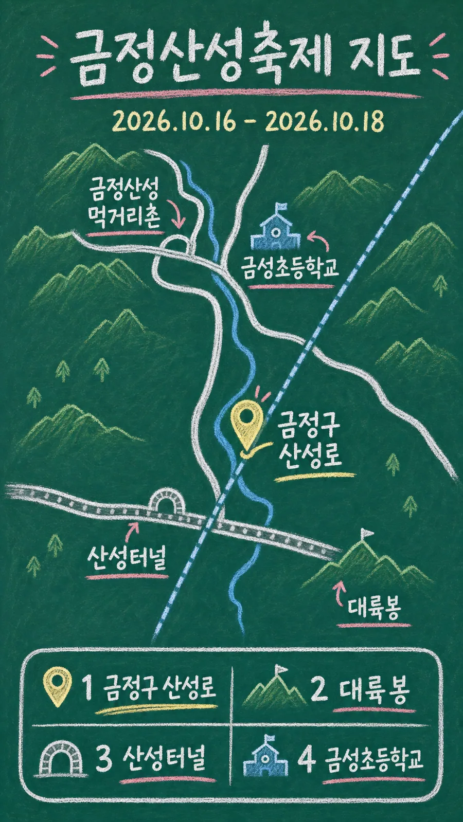금정산성축제 원본 지도 이미지를 바탕으로 imagegen이 재구성한 칠판 판서형 그림지도