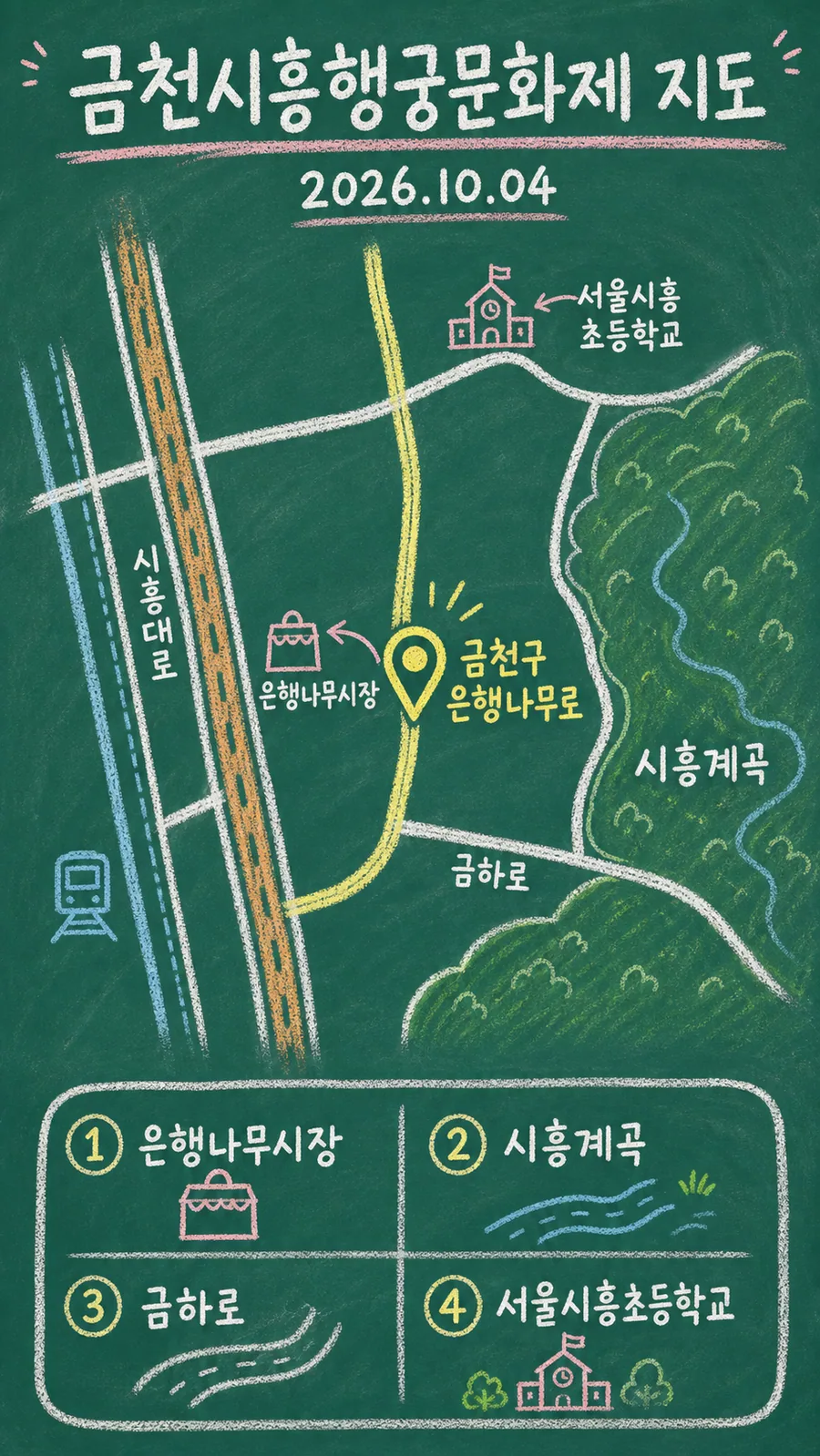 금천시흥행궁문화제 원본 지도 이미지를 바탕으로 imagegen이 재구성한 칠판 판서형 그림지도