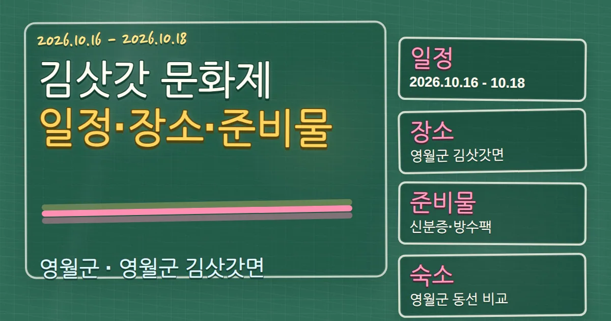 2026 김삿갓 문화제 일정·장소·준비물과 영월 숙소 동선 칠판 판서형 대표 이미지