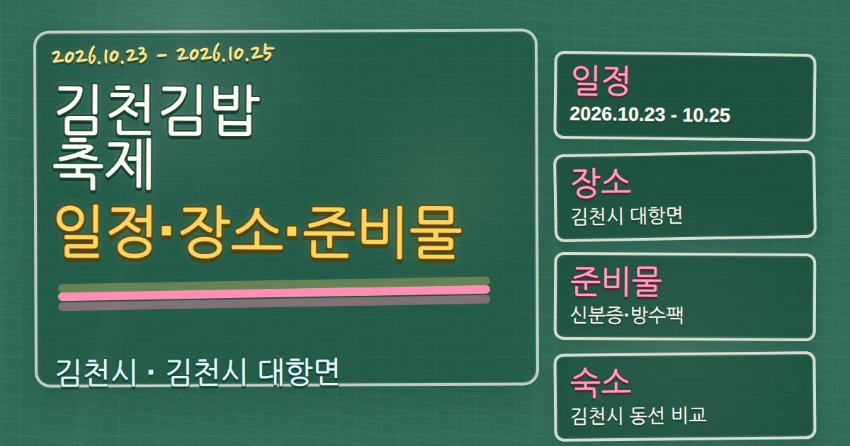 2026 김천김밥축제 일정·장소·준비물과 숙소 동선 가이드 칠판 판서형 대표 이미지