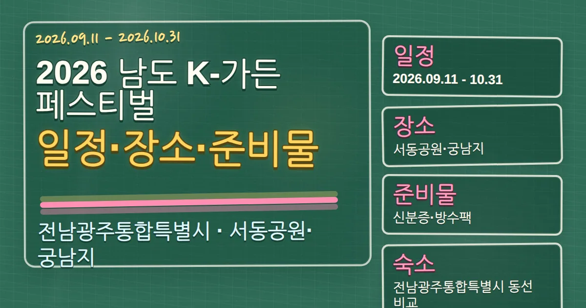 2026 남도 K-가든 페스티벌 일정·장소·준비물, 여수시 숙소 동선까지 칠판 판서형 대표 이미지