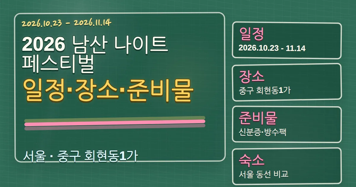 2026 남산 나이트 페스티벌 일정·장소·준비물과 숙소 동선 칠판 판서형 대표 이미지