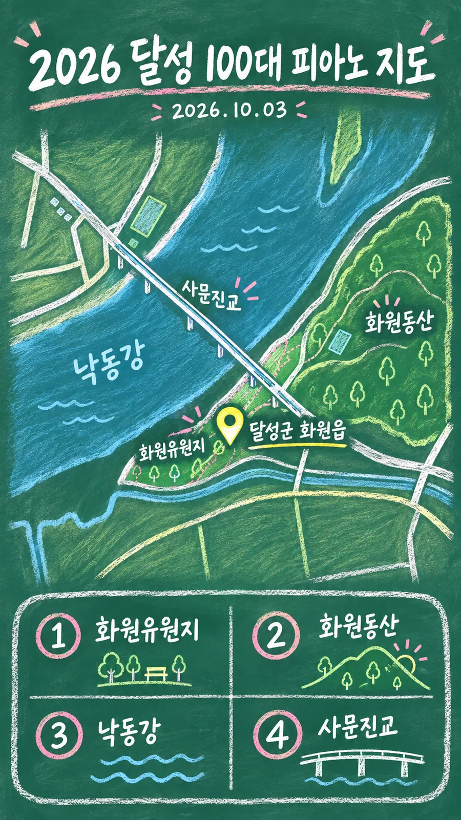 2026 달성 100대 피아노 원본 지도 이미지를 바탕으로 imagegen이 재구성한 칠판 판서형 그림지도