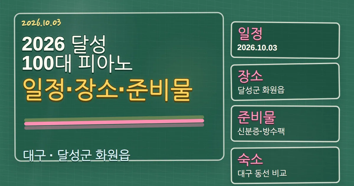 2026 달성 100대 피아노 일정·장소·준비물과 숙소 동선 칠판 판서형 대표 이미지