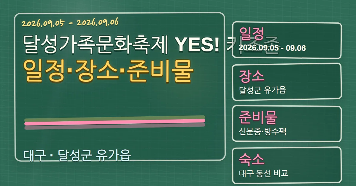 2026 달성가족문화축제 YES! 키즈존 일정·장소·준비물과 달성군 숙소 동선 칠판 판서형 대표 이미지