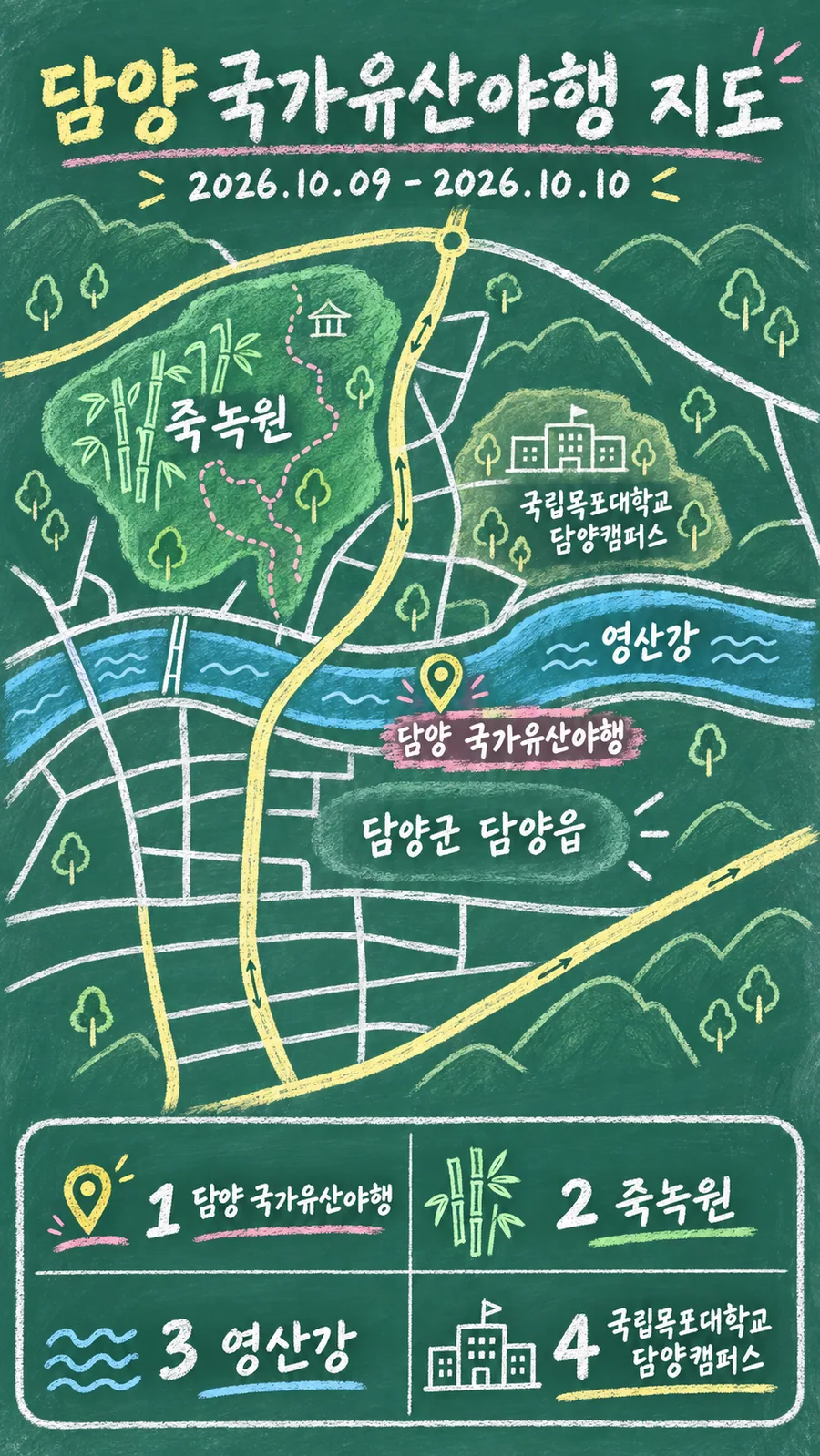 담양 국가유산야행 원본 지도 이미지를 바탕으로 imagegen이 재구성한 칠판 판서형 그림지도