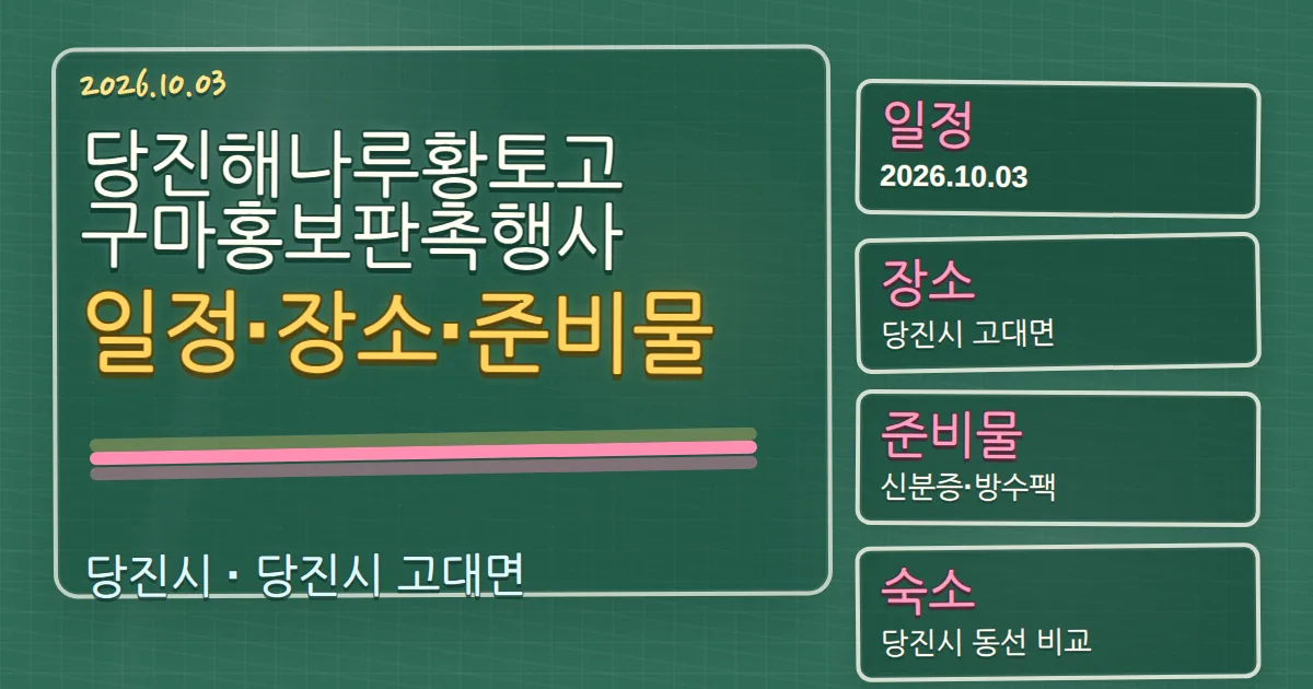 2026 당진해나루황토고구마홍보판촉행사 일정·장소·준비물과 숙소 동선 칠판 판서형 대표 이미지