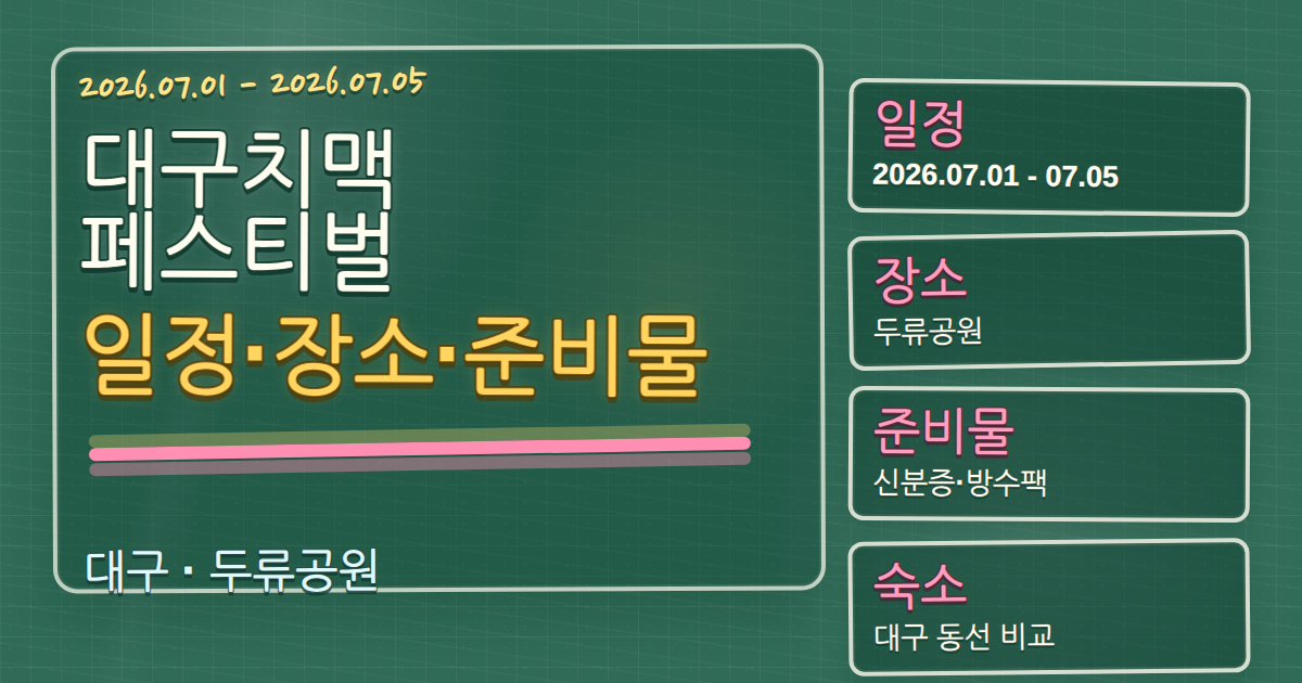 2026 대구치맥페스티벌 일정·장소·준비물과 대구 숙소 동선 가이드 칠판 판서형 대표 이미지