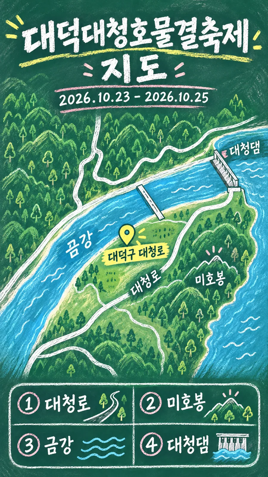 대덕대청호물결축제 원본 지도 이미지를 바탕으로 imagegen이 재구성한 칠판 판서형 그림지도