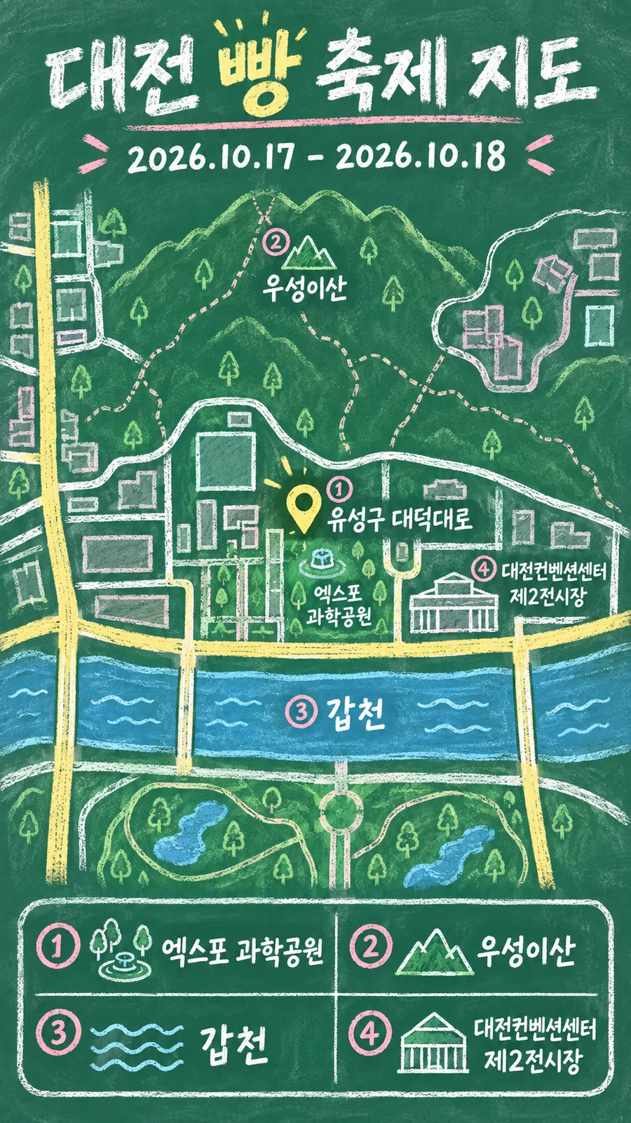 대전 빵 축제 원본 지도 이미지를 바탕으로 imagegen이 재구성한 칠판 판서형 그림지도