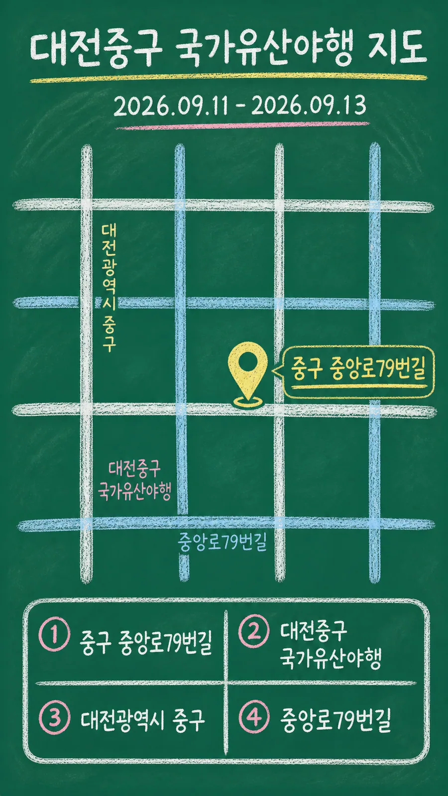 대전중구 국가유산야행 원본 지도 이미지를 바탕으로 imagegen이 재구성한 칠판 판서형 그림지도