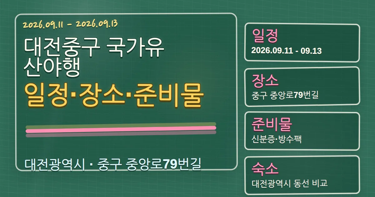 2026 대전중구 국가유산야행 일정·장소·준비물과 중구 숙소 동선 칠판 판서형 대표 이미지