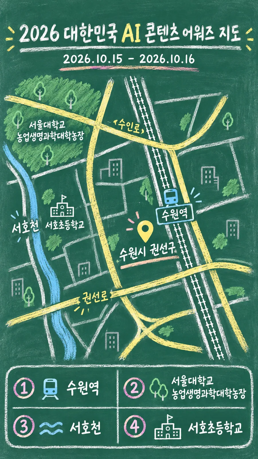 2026 대한민국 AI 콘텐츠 어워즈 원본 지도 이미지를 바탕으로 imagegen이 재구성한 칠판 판서형 그림지도