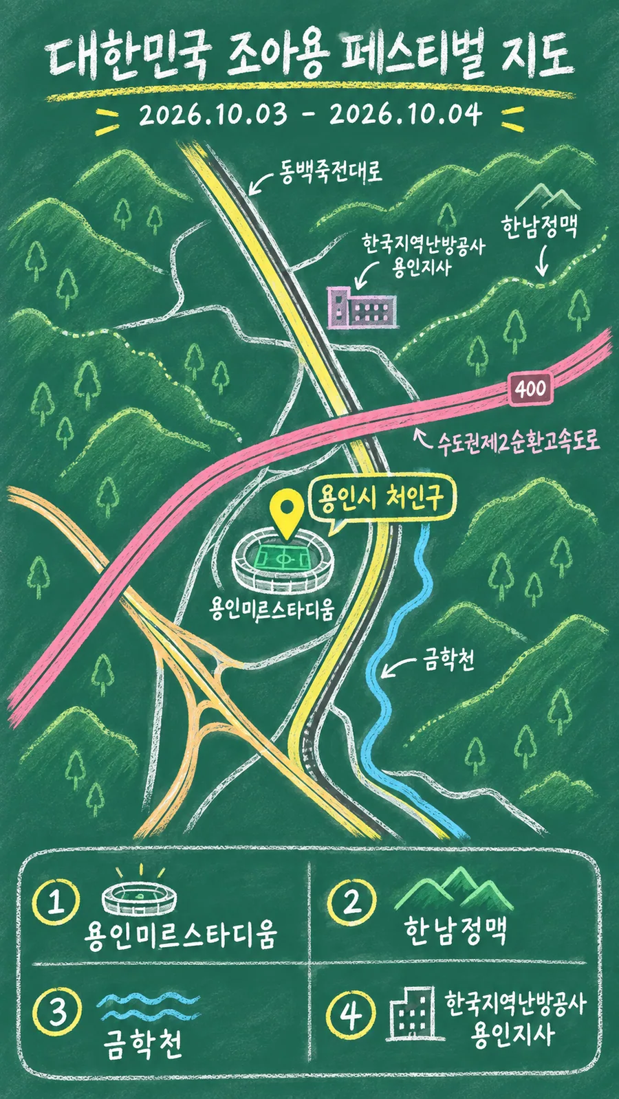 대한민국 조아용 페스티벌 원본 지도 이미지를 바탕으로 imagegen이 재구성한 칠판 판서형 그림지도
