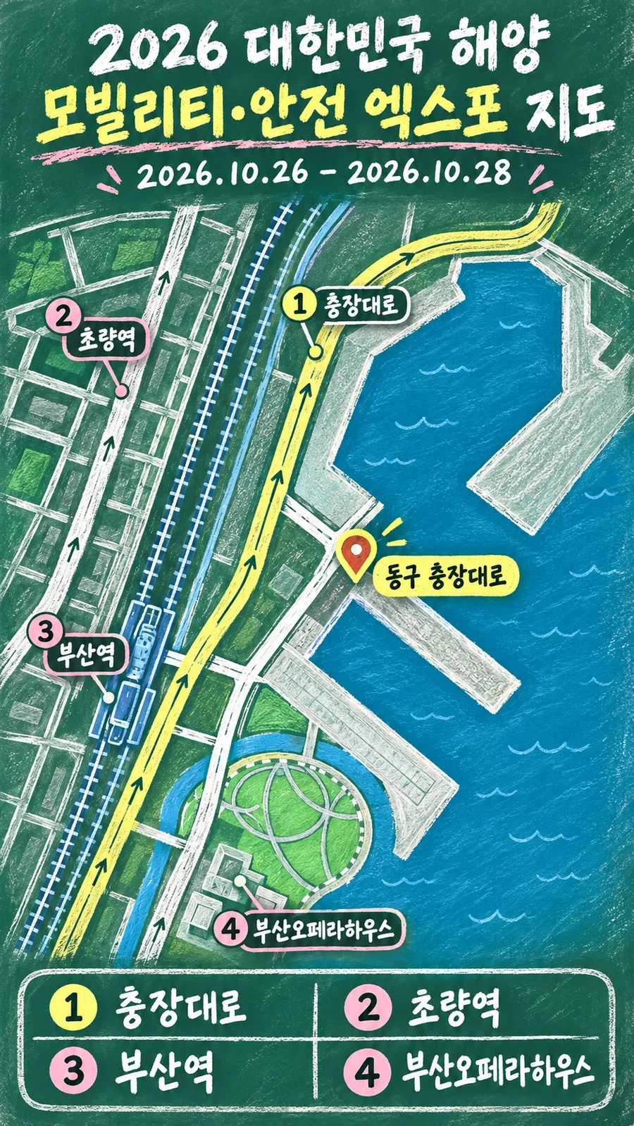2026 대한민국 해양 모빌리티･안전 엑스포 원본 지도 이미지를 바탕으로 imagegen이 재구성한 칠판 판서형 그림지도