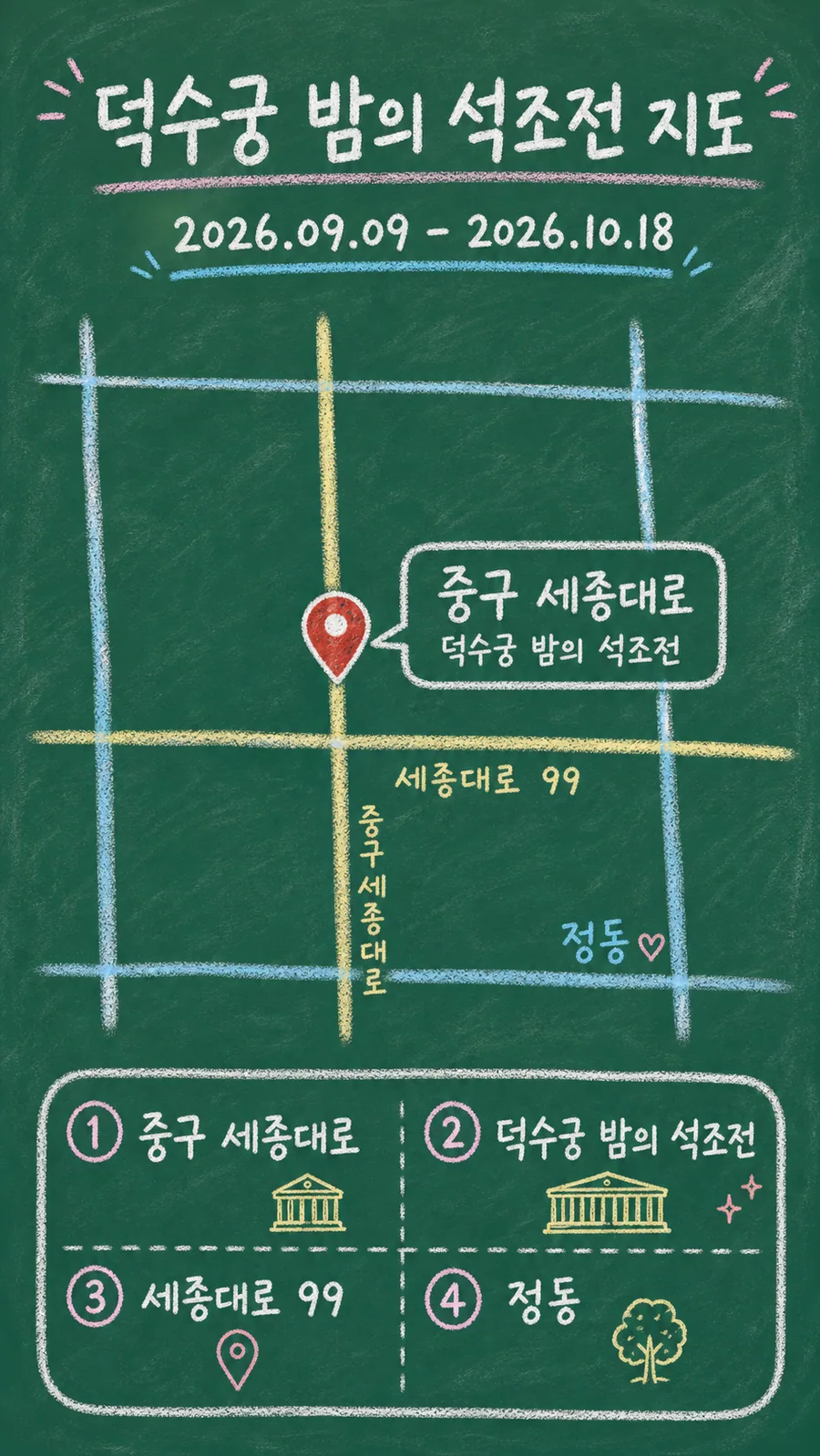 덕수궁 밤의 석조전 원본 지도 이미지를 바탕으로 imagegen이 재구성한 칠판 판서형 그림지도