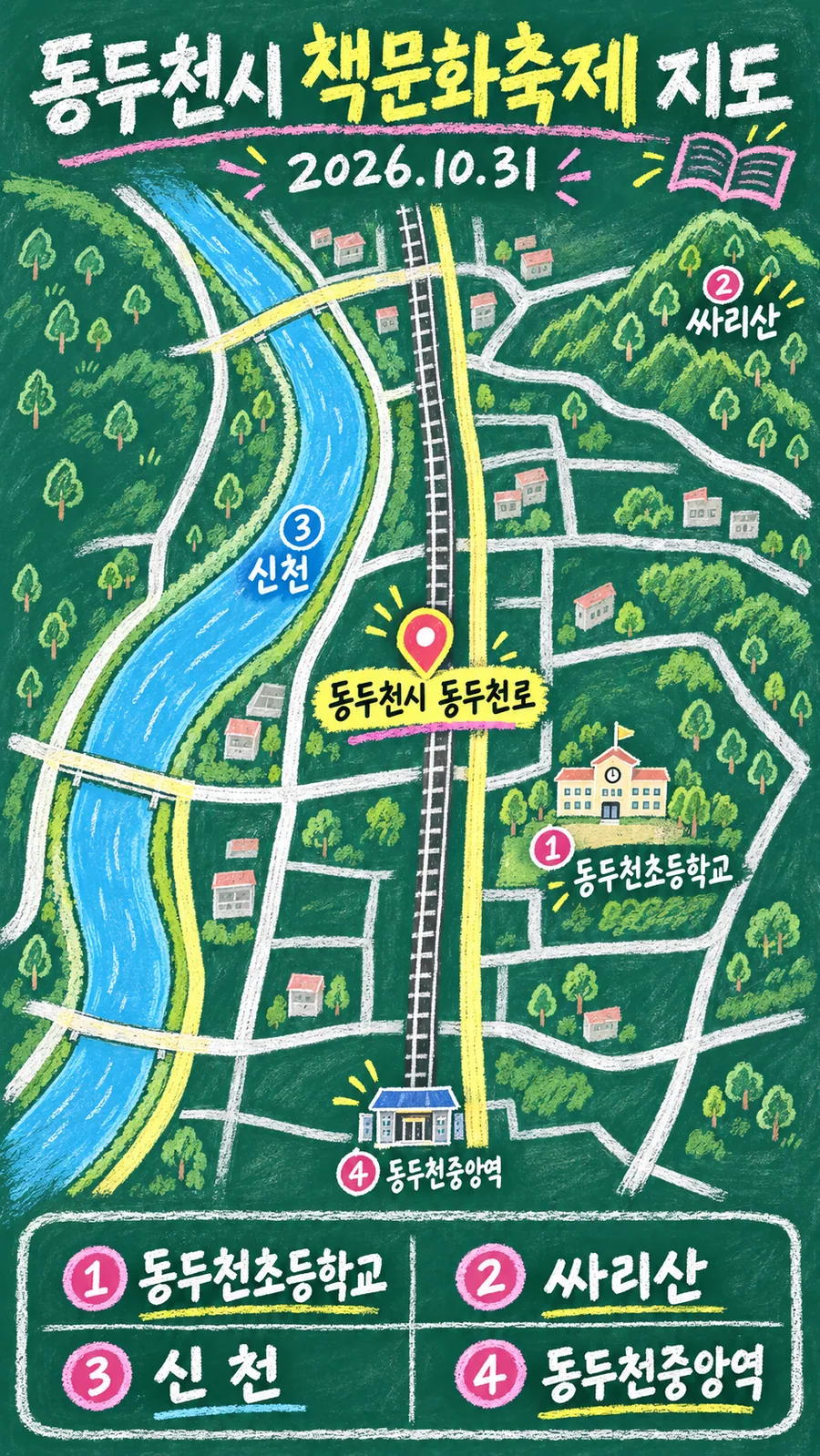 동두천시 책문화축제 원본 지도 이미지를 바탕으로 imagegen이 재구성한 칠판 판서형 그림지도